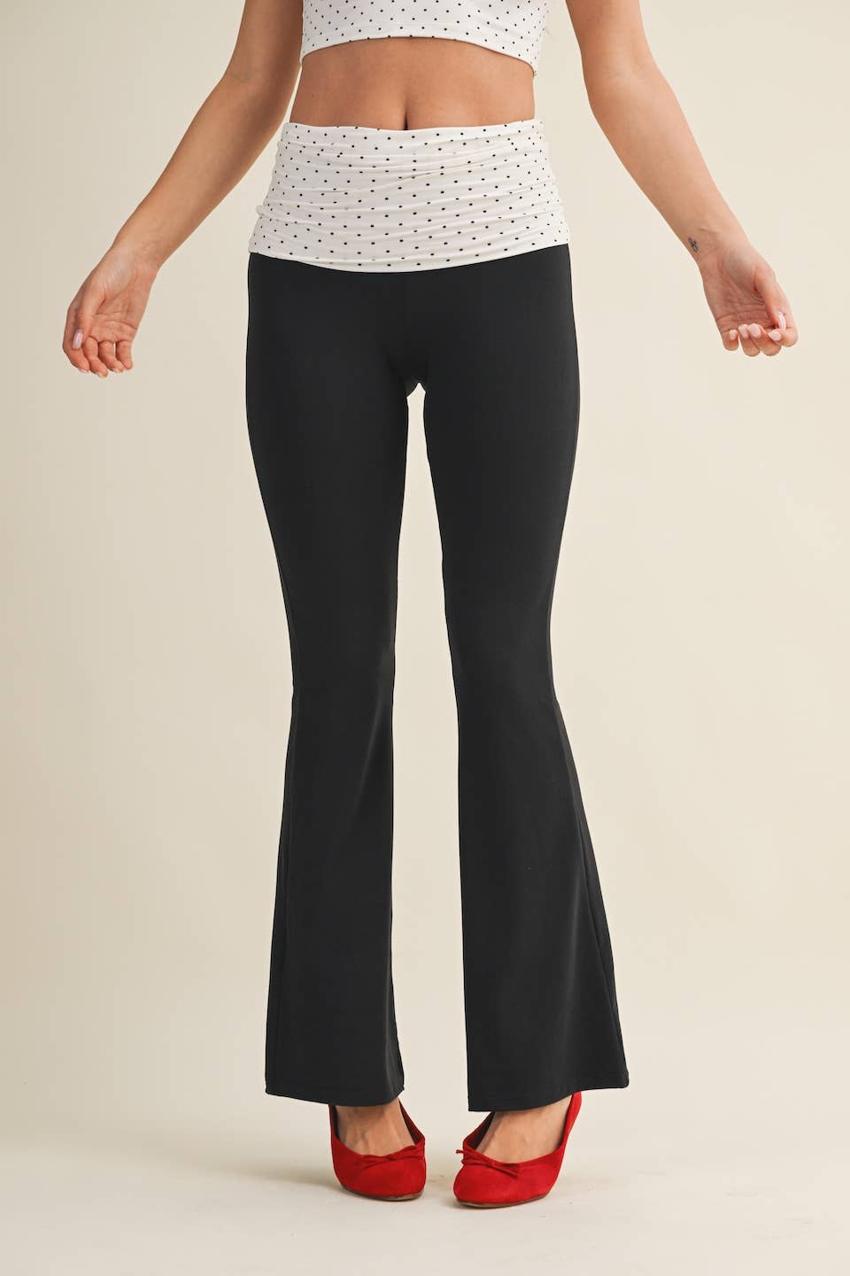 Polka Dot Soft Knit Foldover Flare Pants $24