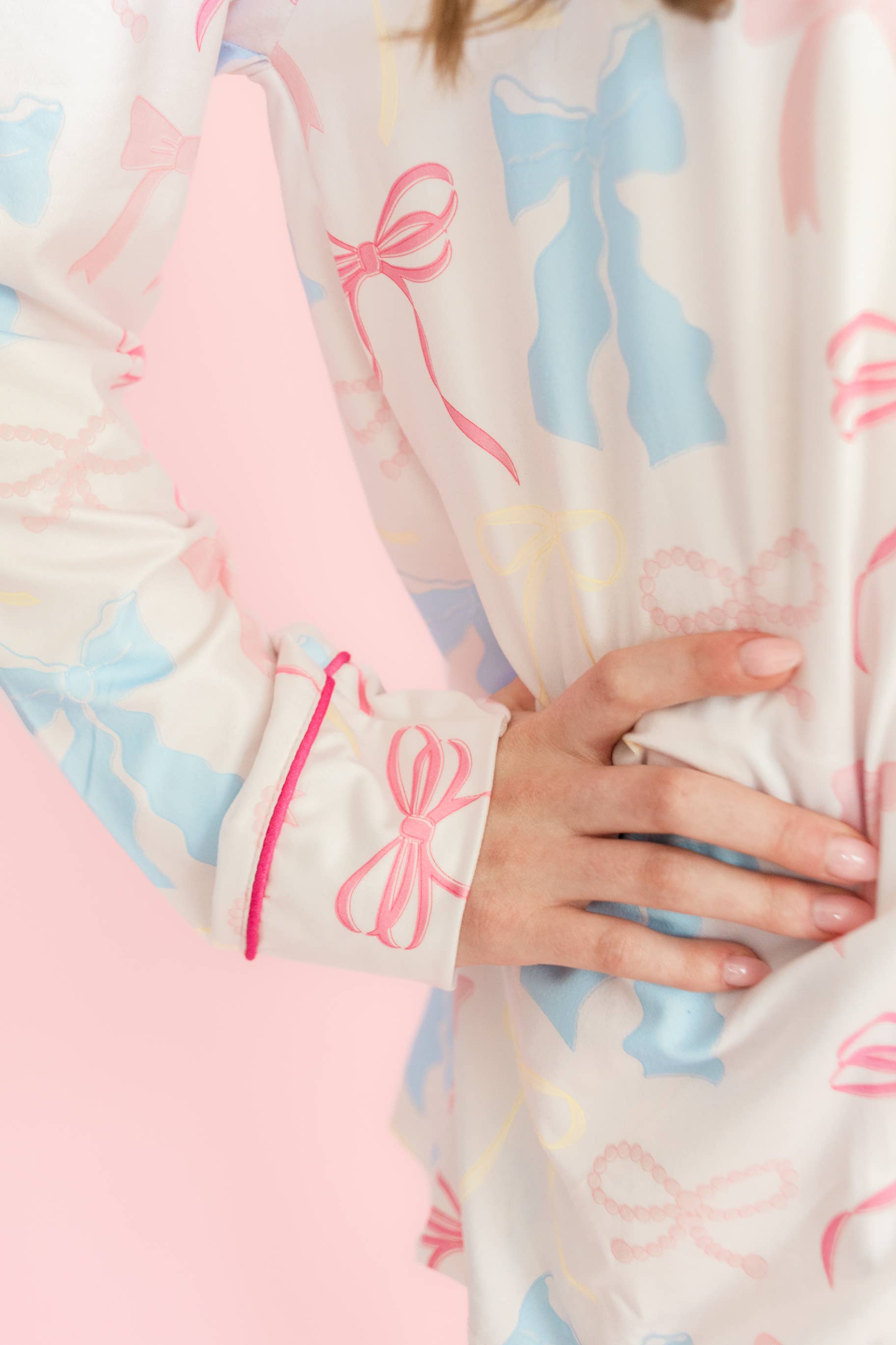 Pink Pastel Bows Long Sleeve Loungewear Pajama Set