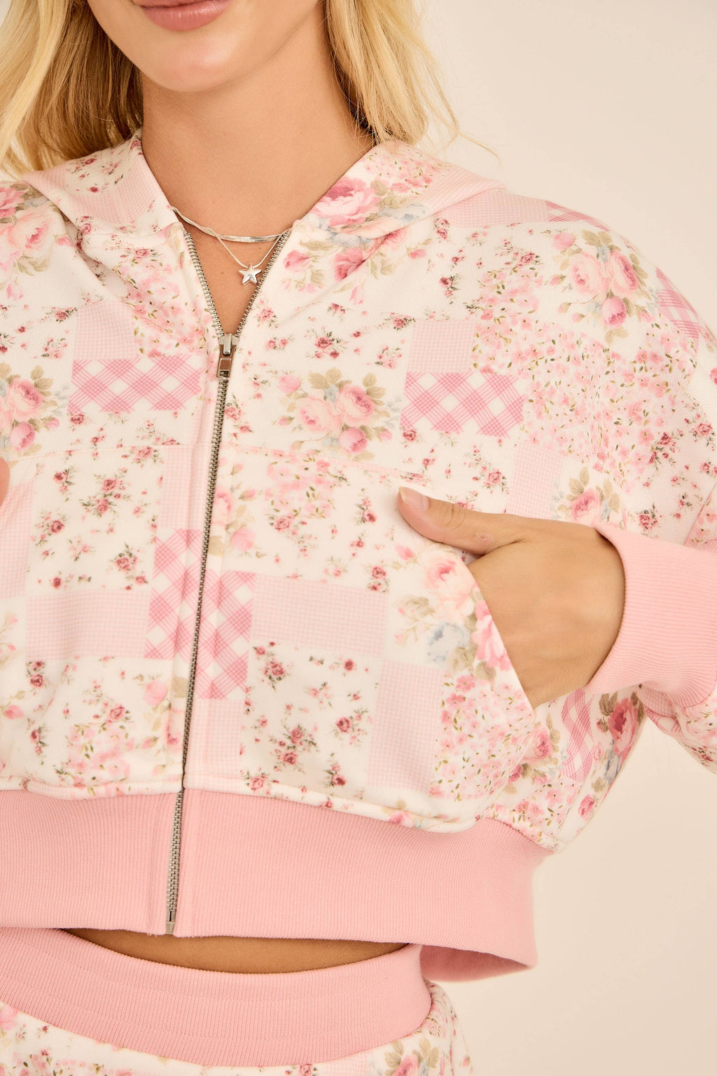 Ditsy floral patchwork printed cropped hoodie with set skort