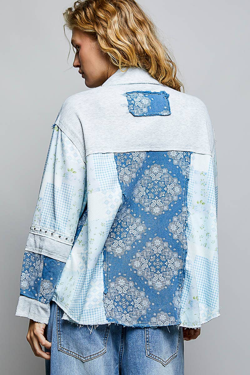 Long Sleeve Collared Printed Shirt Twill Woven Jacket $80