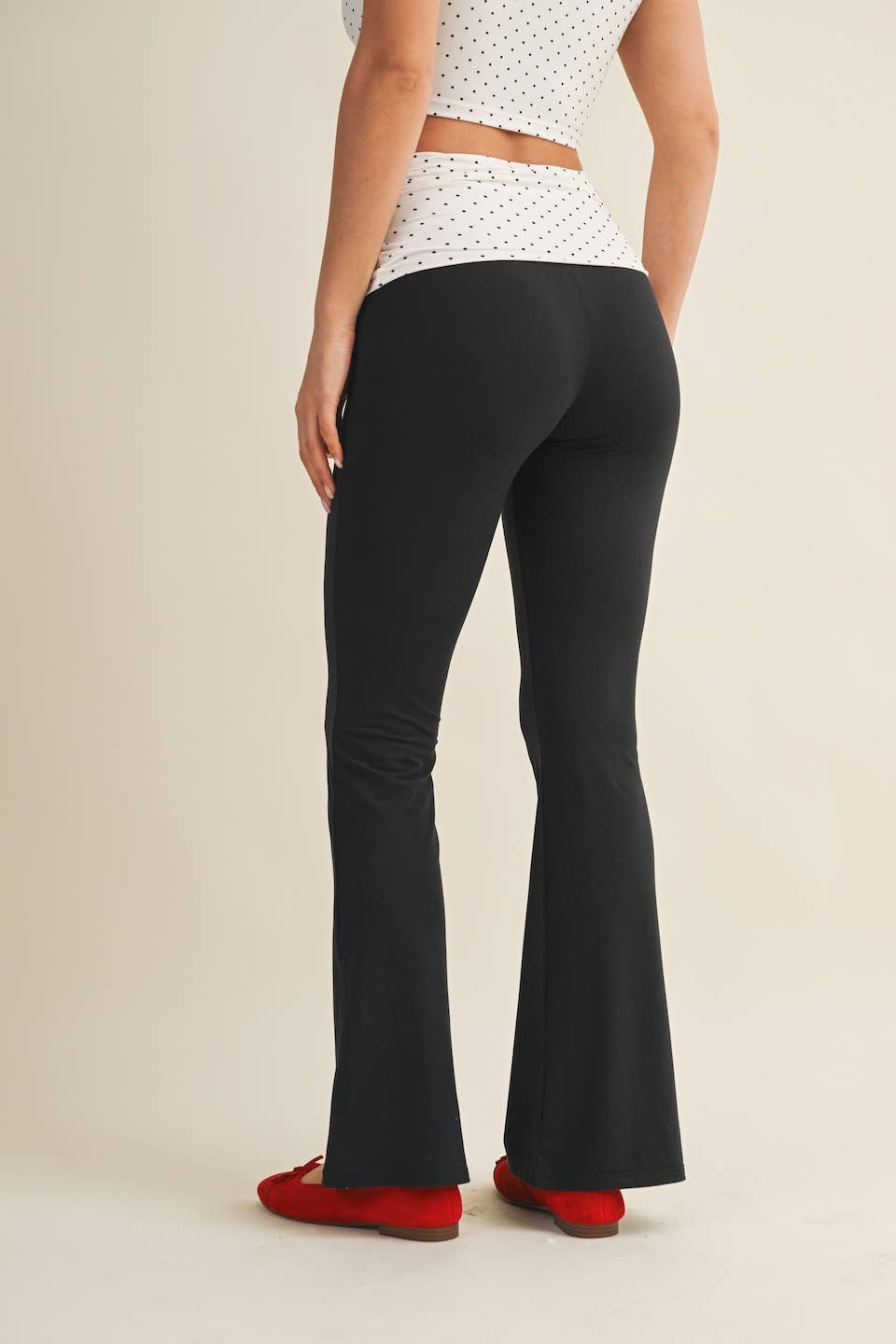 Polka Dot Soft Knit Foldover Flare Pants $24