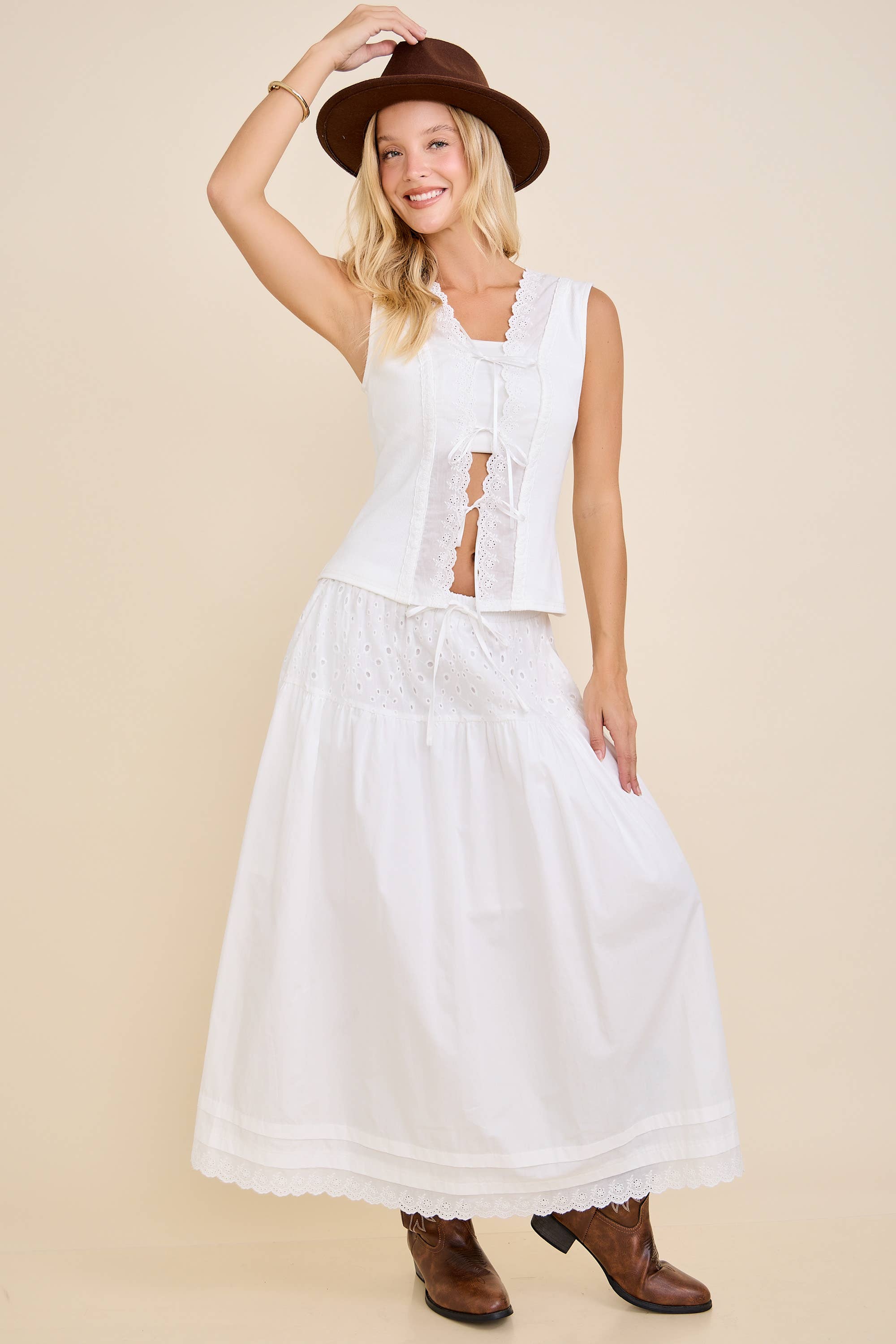 Lace-Up Eyelet Detail Ribbed Tank Top Western Style