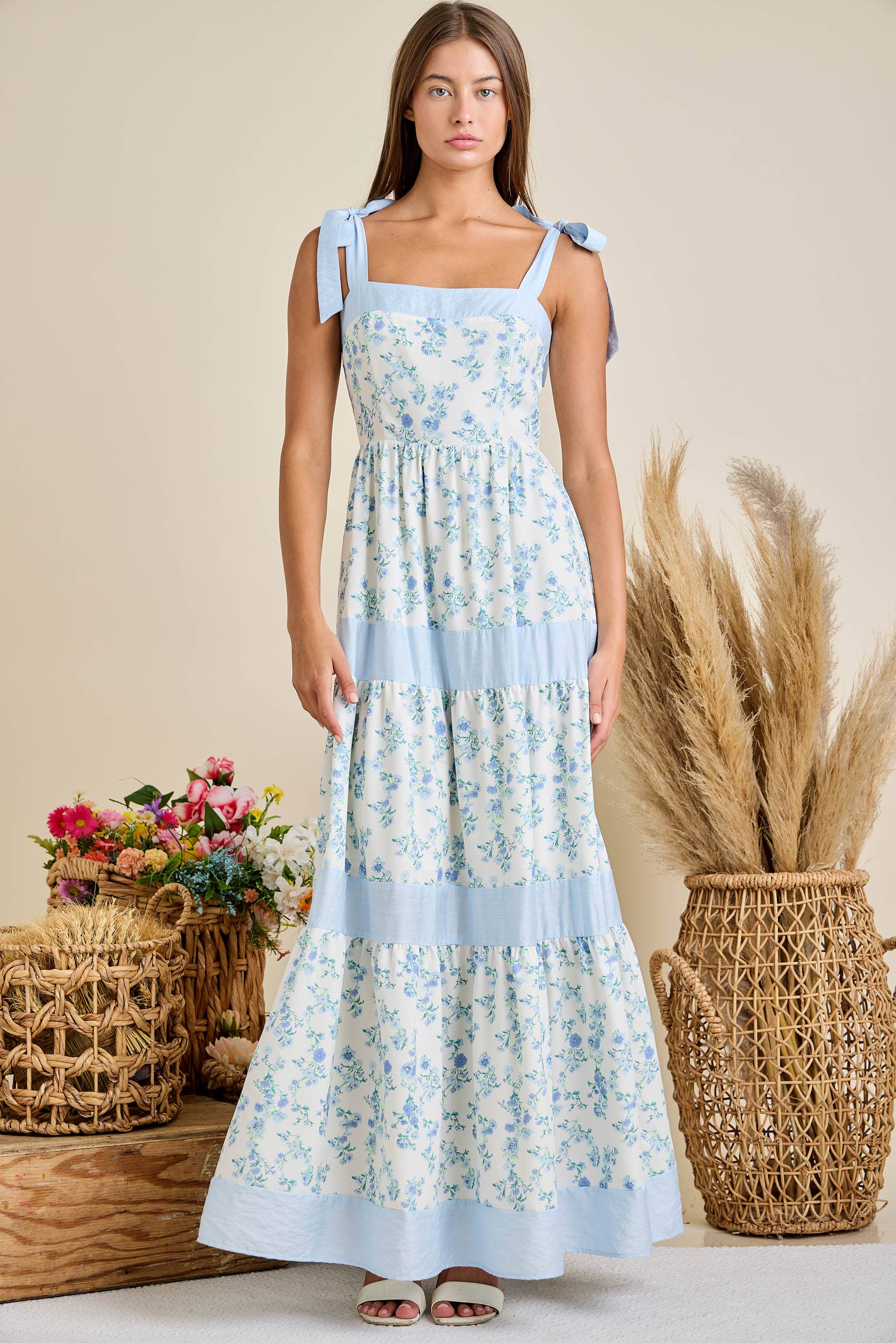 Floral Printed Maxi Shoulder Tie Dress