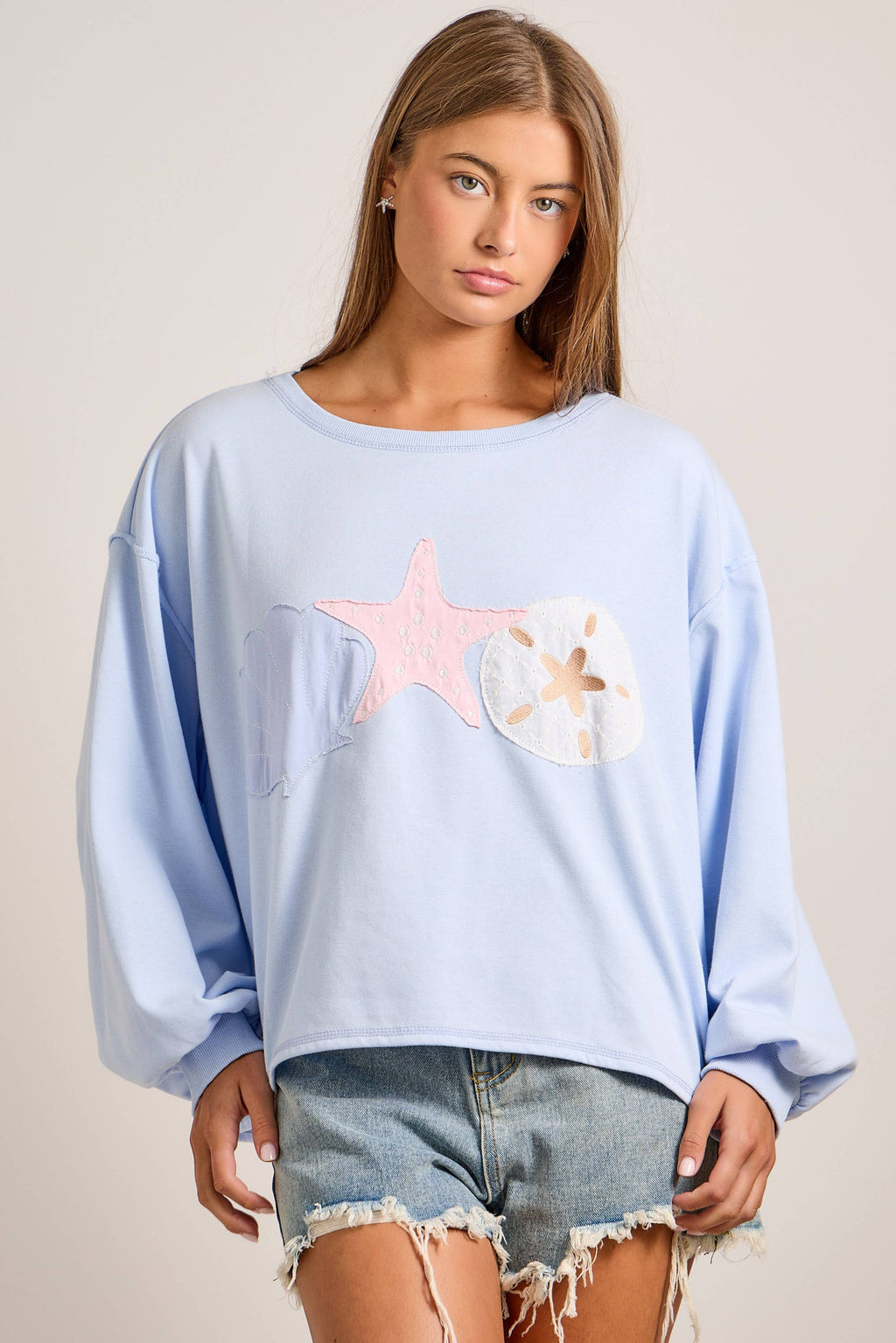 Boat Neck Long Sleeve Top With Seashell Patchwork