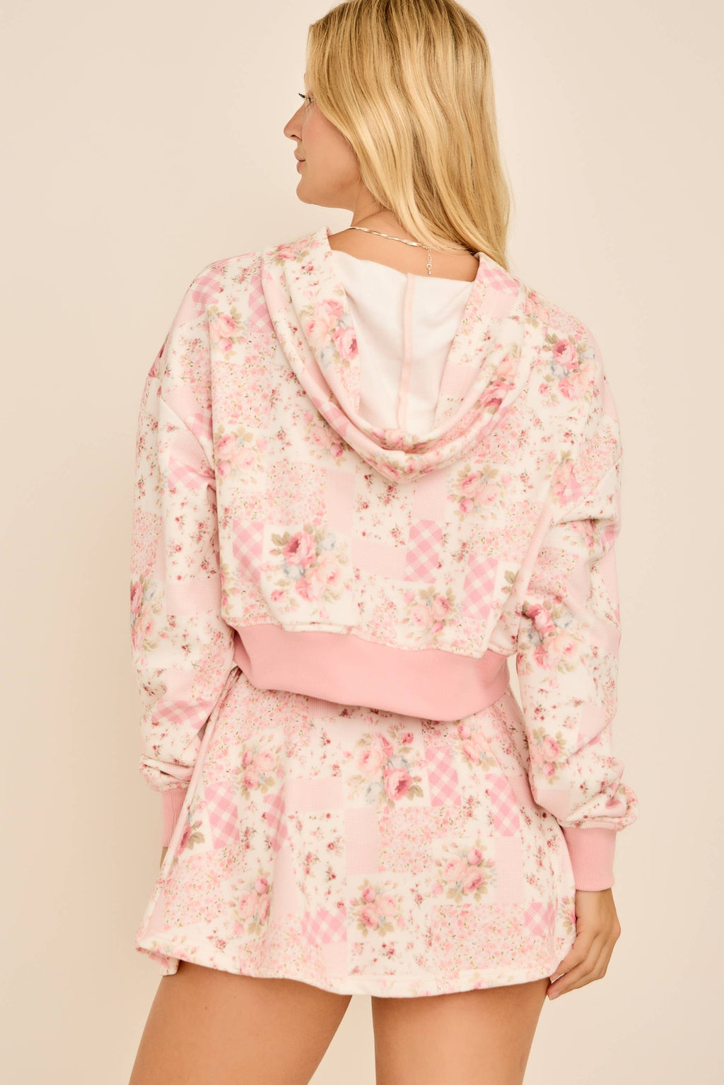 Ditsy floral patchwork printed cropped hoodie with set skort