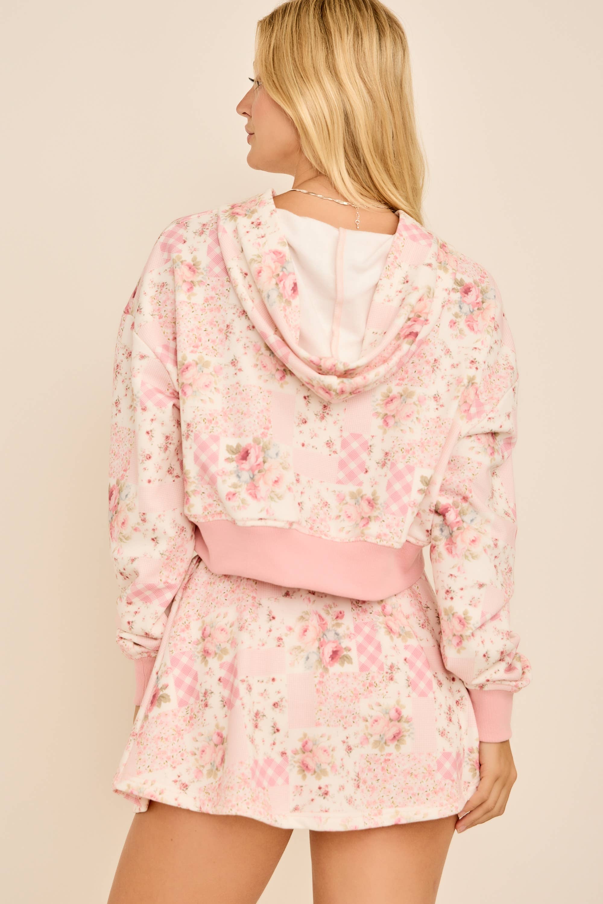 Ditsy floral patchwork printed cropped hoodie with set skort