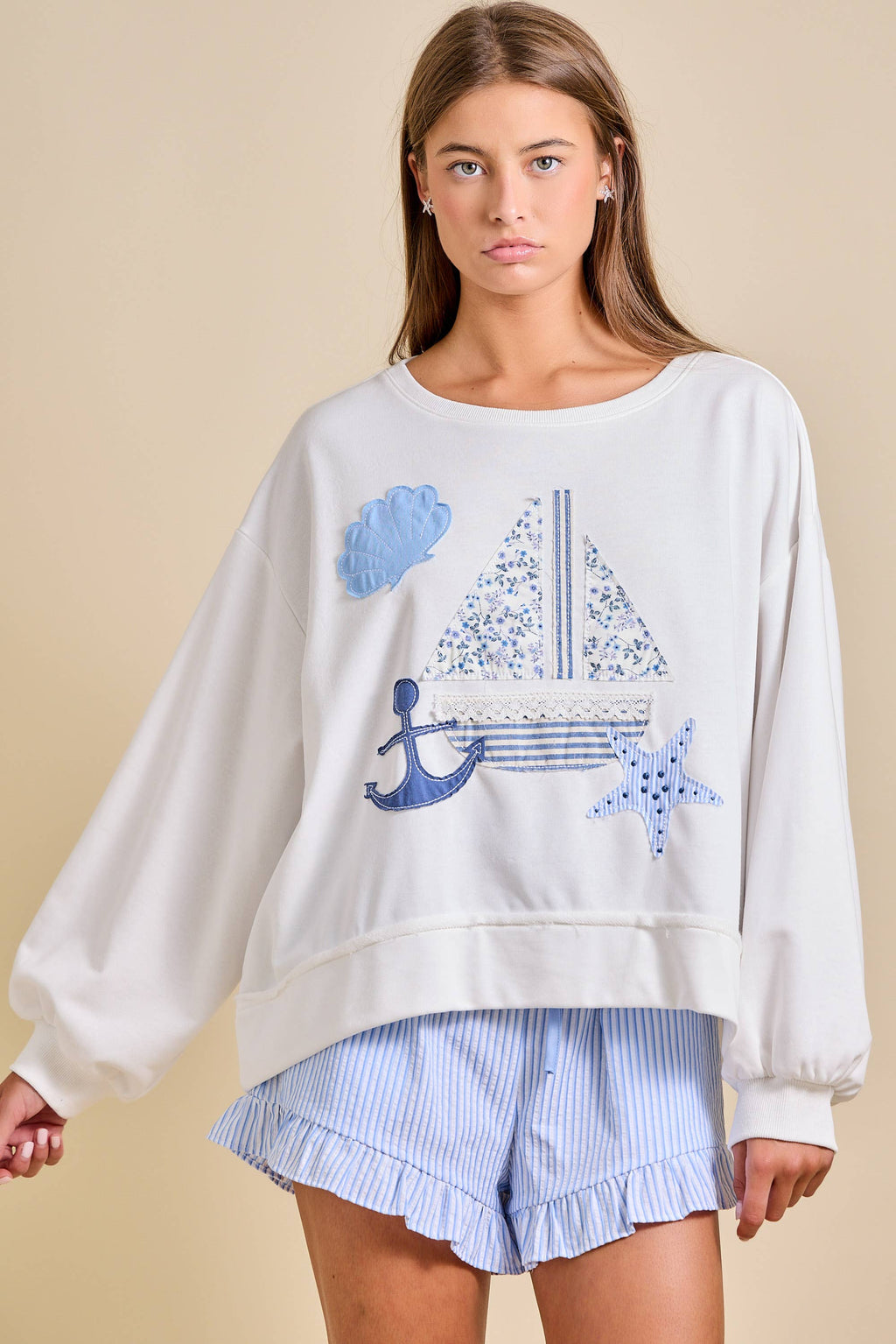 Sailboat Patchwork Sweatshirt – Coastal Summer Pullover