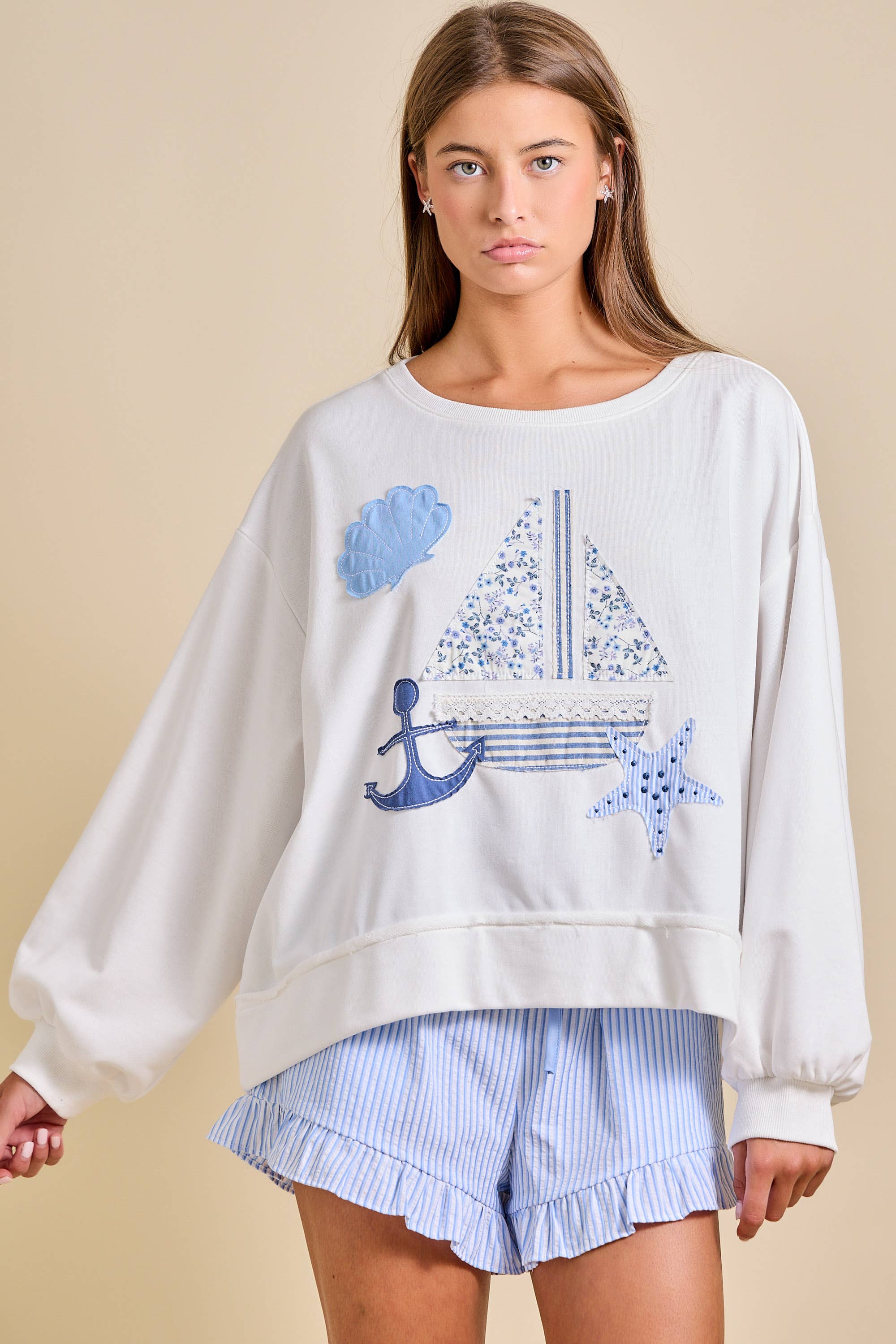 Sailboat Patchwork Sweatshirt – Coastal Summer Pullover
