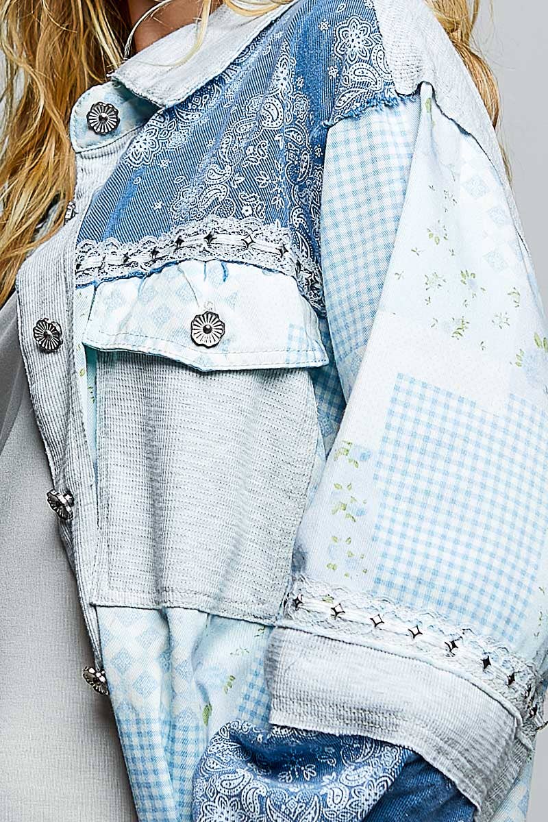 Long Sleeve Collared Printed Shirt Twill Woven Jacket $80