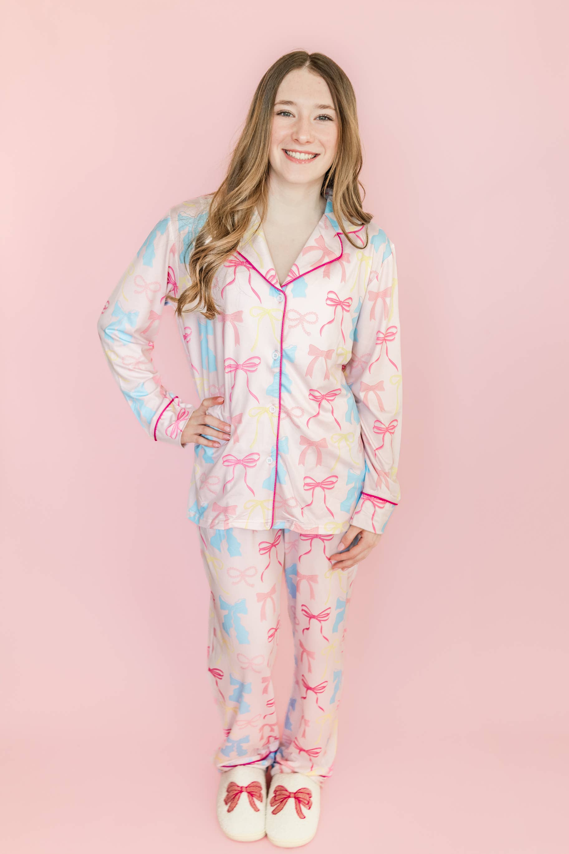 Pink Pastel Bows Long Sleeve Loungewear Pajama Set