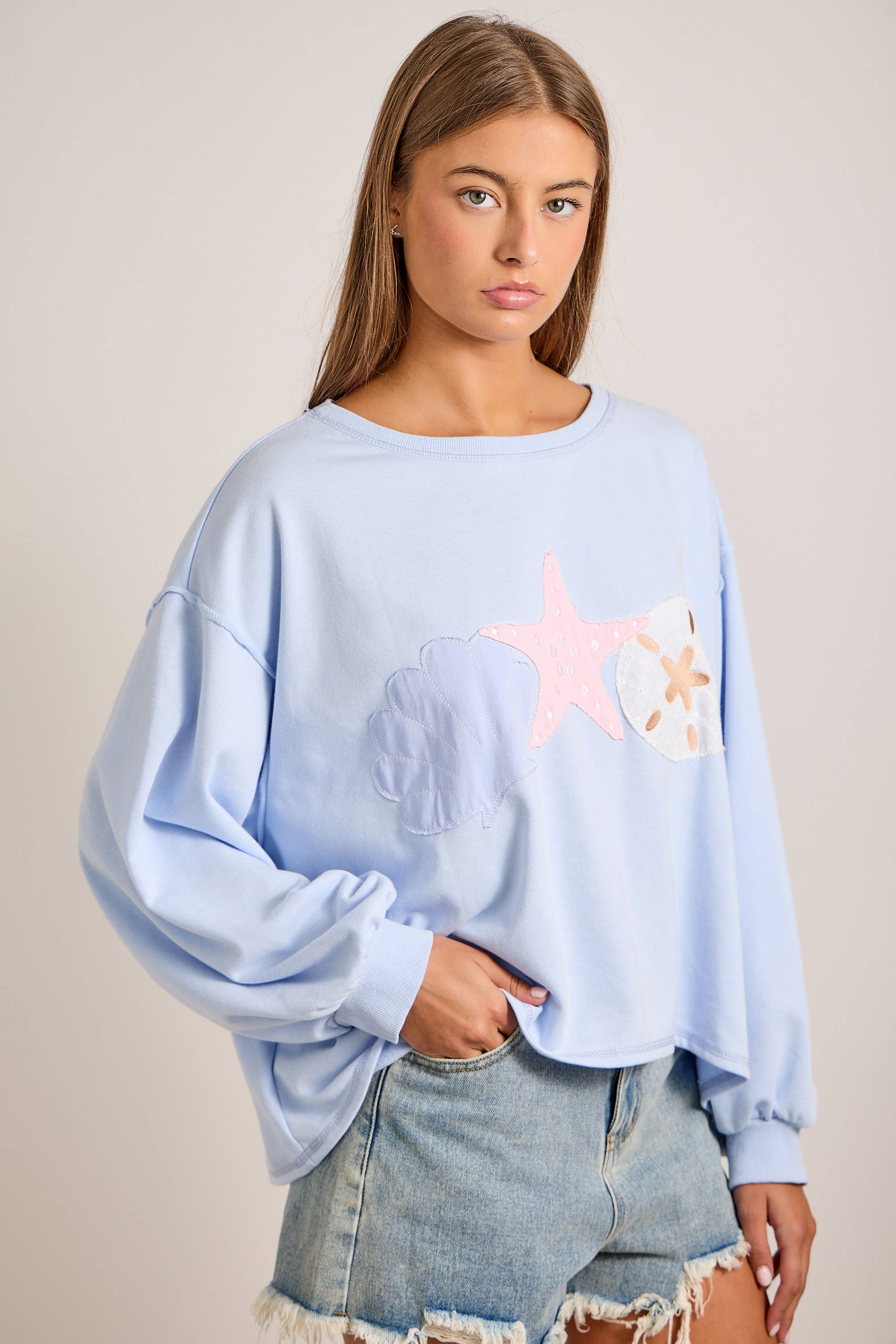 Boat Neck Long Sleeve Top With Seashell Patchwork